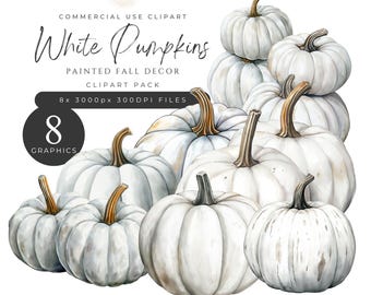 White Pretty Painted Pumpkin Clipart Pack, Watercolor Halloween, Neutral, Autumn, Spooky, Instant Download, 300DPI, Commercial Use. [KK02]