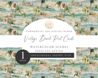 Vintage Beach Post Cards Seamless Pattern Texture Pack, Watercolor Tropical Holiday, Floral Stamp, Printable, 300DPI, Commercial Use. [QQ02]