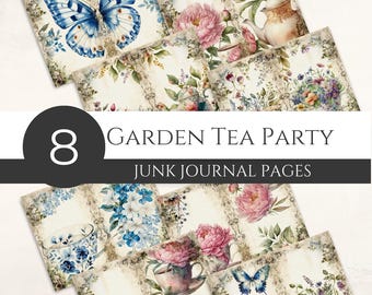Garden Tea Party Junk Journal Digital Paper Pack, Whimsical Floral, Teapot Teacup Butterfly Scrapbook, Printable Download, Commercial [JJ01]