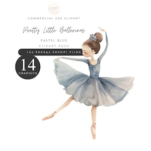 Pretty Little Ballerinas Pastel Blue Clipart Pack, Watercolor, Dancer, Tutu, Nursery Decor, Instant Download, 300DPI, Commercial Use. [NN02]