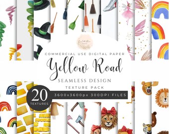Yellow Road Seamless Pattern Texture Pack, Over The Rainbow, Watercolor Witch Fairy Tornado Lion, Printable, 300DPI, Commercial Use. [QQ02]