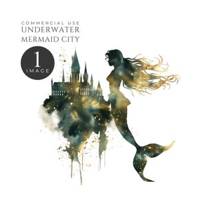 May include: A watercolor illustration of a mermaid with a long flowing tail, with a silhouette of a castle in the background. The mermaid is in a dark green and gold color scheme.