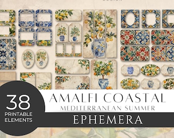 Mediterranean Summer Amalfi Coastal Junk Journal Ephemera, Lemon Orange Trees, Citrus Tiles, Foliage, Scrapbook, Printable Download [JJ01]
