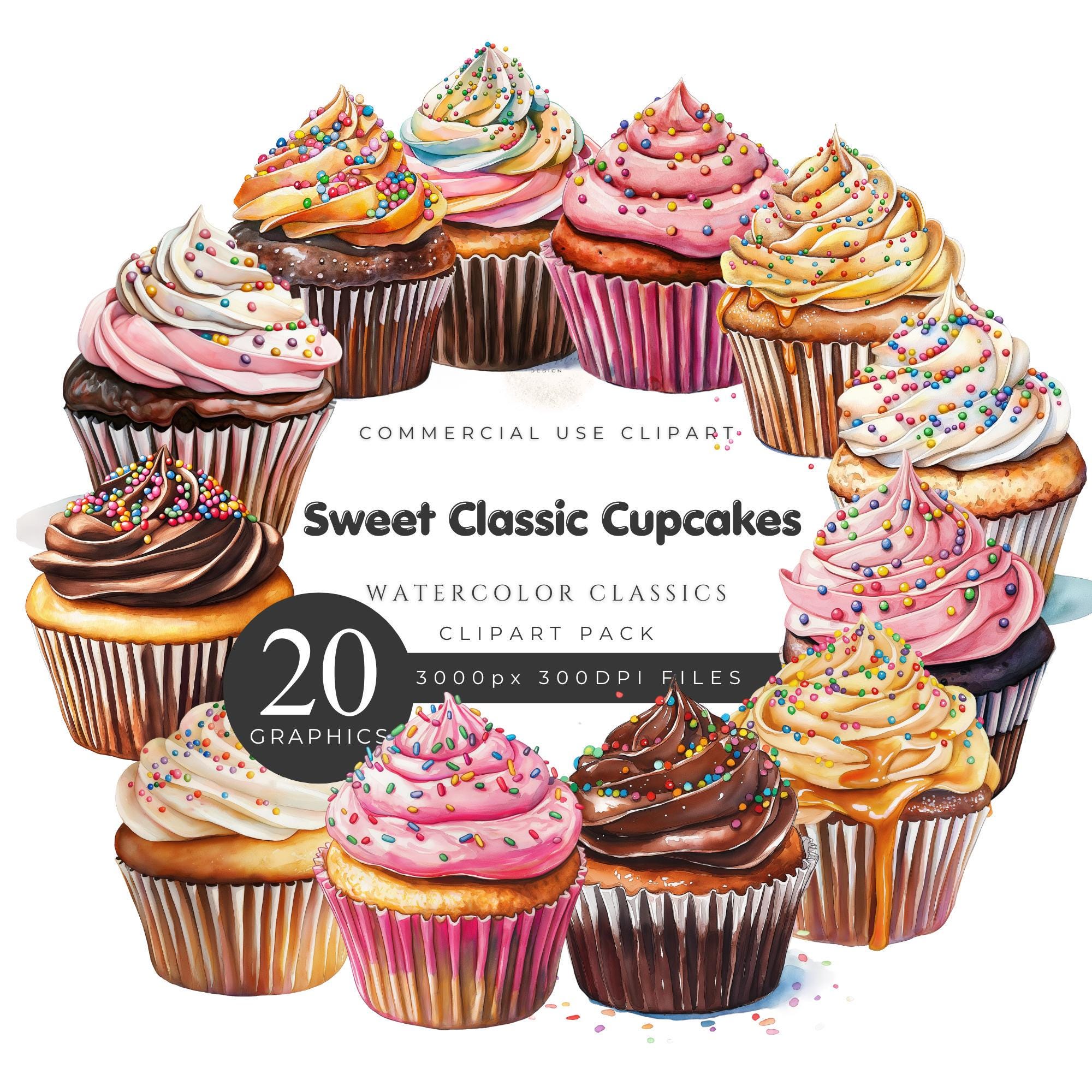 Sweet Classic Cupcakes Clipart Pack, Watercolor Frosting, Sweet Treats ...