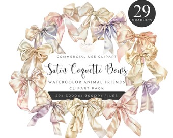 Satin Coquette Bows Clipart Pack, Watercolor Hair Ribbons, Cute Baby Nursery Decor, Instant Download, 300DPI, Commercial Use. [EE02]