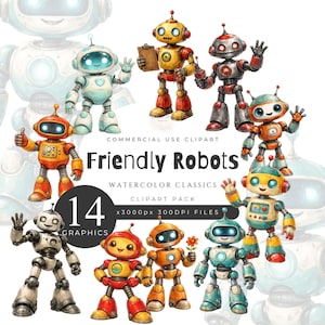 Könnte beinhalten: Eine Sammlung von 14 Aquarell-Roboter-Grafiken in verschiedenen Farben, darunter Blau, Orange und Silber. Die Roboter haben freundliche Ausdrücke und sind mit "Friendly Robots" und dem Text "Commercial Use Clipart" beschriftet.