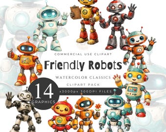 Watercolor Robots Clipart Blue, Friendly Machines, Futuristic, Sci Fi, Retro Futurism, Red Orange Yellow Blue Grey 300DPI, Commercial [HH04]