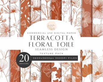 Terracotta Floral Toile Seamless Pattern Texture Pack, Burnt Orange White Neutral Minimal LineArt, Printable, 300DPI, Commercial Use. [QQ02]