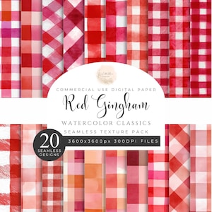 May include: A collection of 20 seamless watercolor designs featuring red gingham patterns. The designs vary in shades of red and pink, with a mix of classic and modern gingham styles. The text "Red Gingham" and "Watercolor Classics" are also visible.