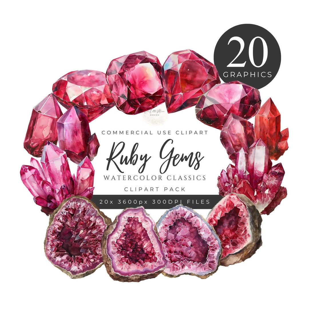 Watercolor Ruby Crystal Gem Stones Clipart Pack, Red, Maroon, Precious ...