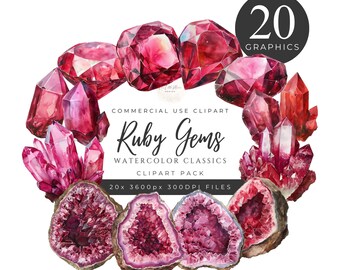 Watercolor Ruby Crystal Gem Stones Clipart Pack, Red, Maroon, Precious Jewels, Instant Digital Download, 300DPI, Commercial Use. [BB02]