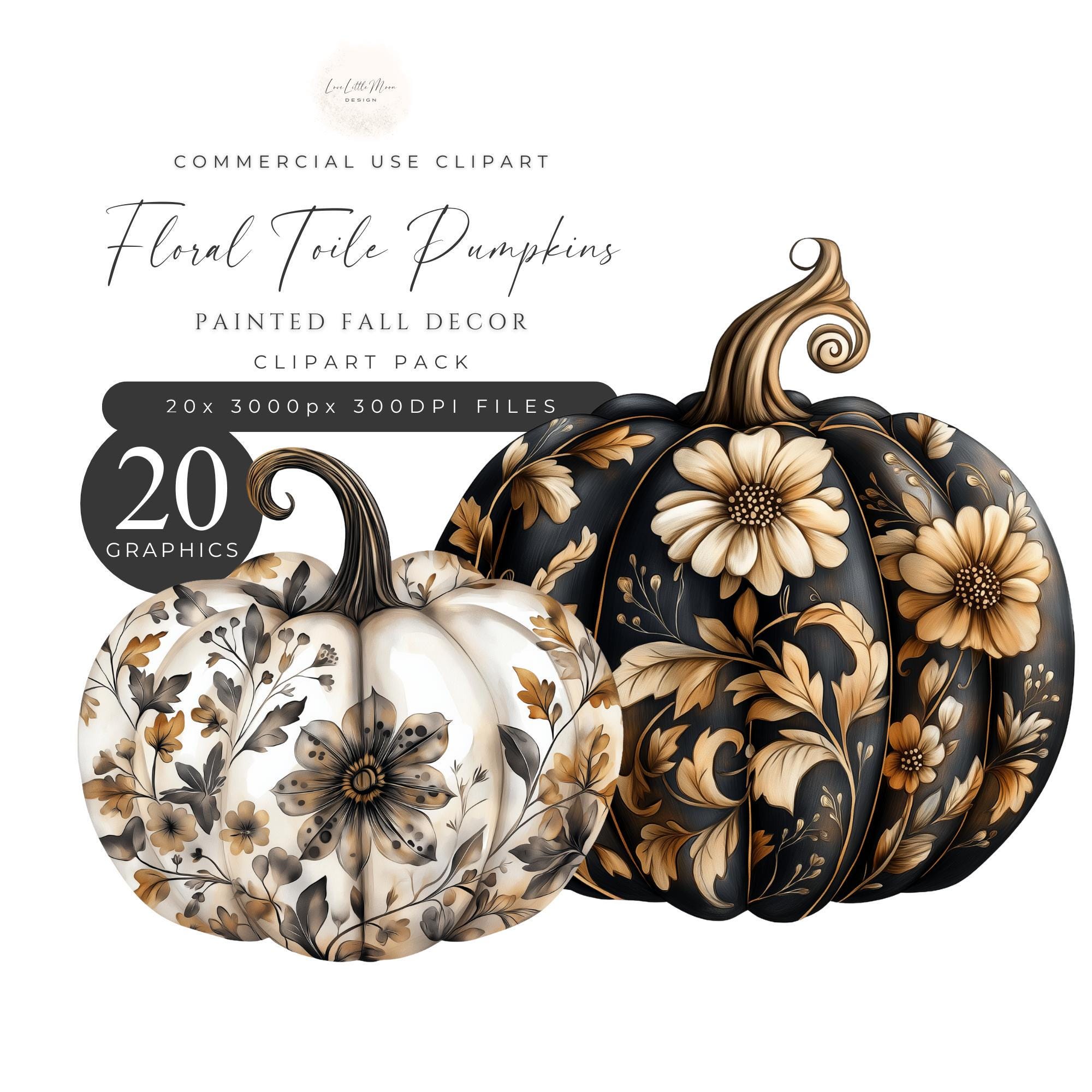 Floral Toile Pumpkin Clipart Pack, Watercolor Halloween, Painted Fall ...