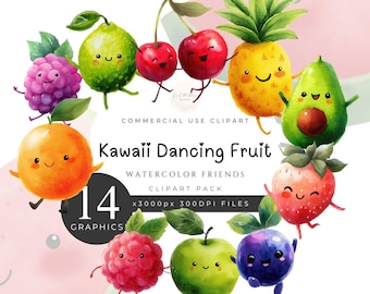 Kawaii Dancing Fruit Clipart Pack, Adorable Smiling Apple, Happy Cute Strawberry, Baby Sensory, Instant Download, 300DPI, Commercial [AA04]