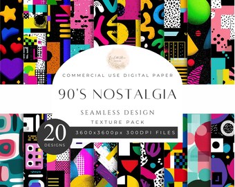 90s Nostalgia Seamless Pattern Texture Pack, Bold Neon, Primary Color, Abstract Design, Modern, Printable, 300DPI, Commercial Use. [QQ02]