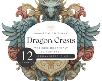 Dragon House Crest Clipart Pack, Mythical Creature, Watercolor Fantasy, Junk Journal Scrapbook, Instant Download, 300DPI, Commercial [TT03]