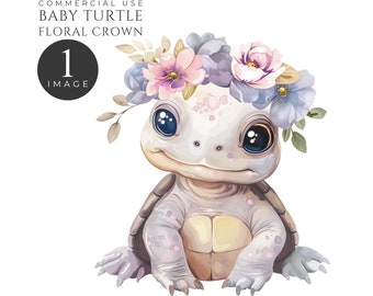 Floral Baby Turtle Flower Crown Single Clipart, Underwater Friends, Instant Digital Download, 300DPI, Commercial Use. [HH01]