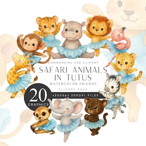 May include: Watercolor clipart pack featuring safari animals in tutus. The image includes a giraffe, monkey, tiger, hippo, lion, flamingo, cheetah, zebra, meerkat, elephant, and bear. The text reads "SAFARI ANIMALS IN TUTUS".