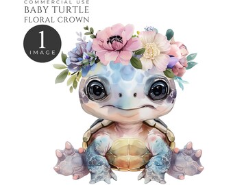 Floral Baby Turtle Flower Crown Single Clipart, Underwater Friends, Instant Digital Download, 300DPI, Commercial Use. [HH01]