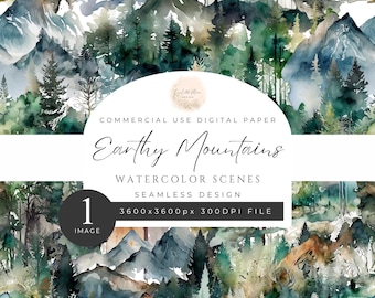 Earthy Mountains Seamless Pattern Texture Pack, Watercolor Green Forest, Emerald Woodlands Deer, Printable, 300DPI, Commercial Use. [QQ02]