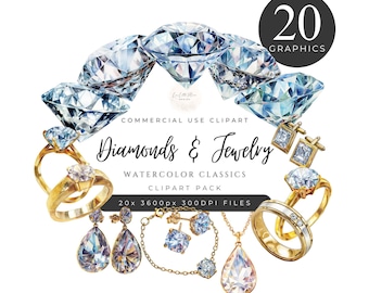 Watercolor Diamonds and Gold Jewelry Clipart Pack, Wedding Jewels, Precious Gems, Instant Digital Download, 300DPI, Commercial Use. [BB02]