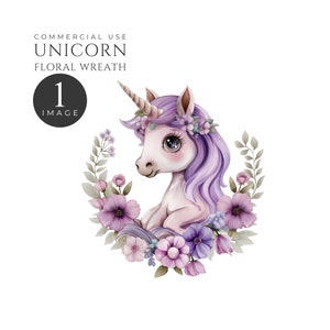May include: A purple and white unicorn with a floral wreath around its head. The unicorn is surrounded by purple and pink flowers.