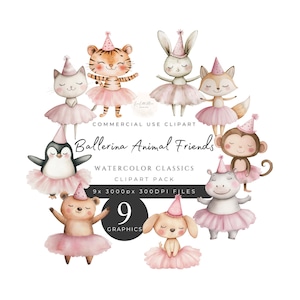 Cute Ballerina Animals Clipart Pack, Tutu, Party Hats, Sweet Pink Ballet, Watercolor, Instant Download, 300DPI, Commercial Use. [II01]