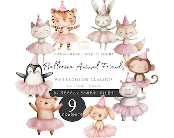 Cute Ballerina Animals Clipart Pack, Tutu, Party Hats, Sweet Pink Ballet, Watercolor, Instant Download, 300DPI, Commercial Use. [II01]