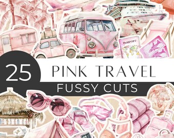 Pink Travel Holiday Fussy Cuts, Watercolor Passport, Camping Journal, Roadtrip Scrapbook, Cruise, Instant Download, 300DPI Commercial [YY03]