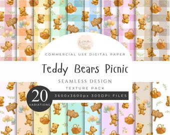 Teddy Bear Picnic Pattern Texture Pack, Watercolor Gingham, Food Basket Balloons Sandwich Cookie, Printable, 300DPI, Commercial Use. [QQ02]
