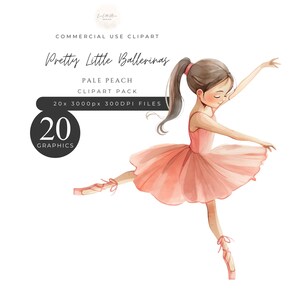 May include: A watercolor illustration of a ballerina in a peach-colored tutu, with her hair pulled back in a ponytail. She is wearing pink ballet shoes and is in mid-air, with her arms outstretched.