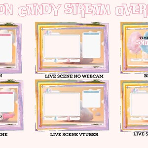 Op de afbeelding: Zes verschillende pastelroze en gele stream overlays met afbeeldingen van suikerspin. De overlays bevatten tekst zoals "Time for Stream", "Time for Snacks", "Stream Ending", "Starting Soon", "BRB Scene", "Live Scene No Webcam", "Live Scene VTuber" en "Live Scene Webcam".