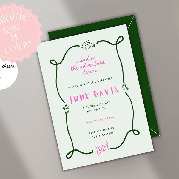 invitation template graduation 2024 party instant editable template for celebration hand drawn scribble illustrations custom invite grad