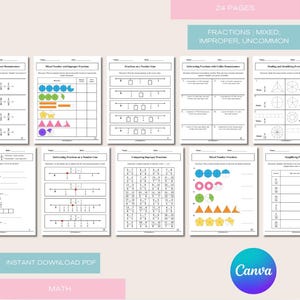 3rd Grade Fractions Worksheets Bundle | Printable Math Activities | Mixed, Improper Fractions, Adding & Subtracting Fractions