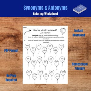 Synonyms and Antonyms Worksheet for Kids | Fun ELA Activity | Instant Download | Homeschool Worksheet Educational Printable | Balloon Theme