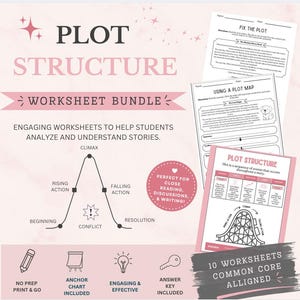 Puede incluir: Un paquete de hojas de trabajo sobre la estructura de la trama para analizar historias. Los documentos incluyen un mapa de la trama, un diagrama de montaña rusa y encabezados de texto que dicen Plot Structure Worksheet Bundle y 10 Worksheets Common Core Aligned.