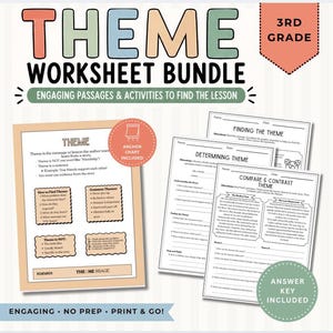 May include: A 3rd grade theme worksheet bundle featuring educational printables with black text on white paper. The set includes an anchor chart explaining theme, worksheets for finding, determining, and comparing themes, and an answer key.