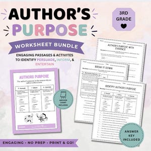 May include: An educational worksheet bundle titled Author's Purpose for 3rd grade. The set includes a purple anchor chart and three white worksheets with black text, featuring exercises to identify if a text is meant to persuade, inform, or entertain.