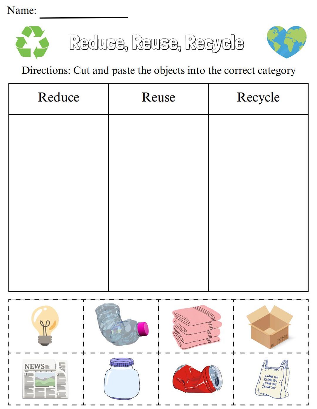 Reduce Reuse Recycle Worksheets for Kids – Earth Day Sorting Real World ...