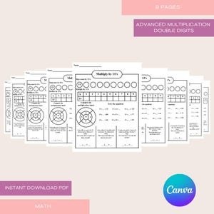 Può includere: Una raccolta di nove fogli di lavoro di matematica in bianco e nero per la moltiplicazione avanzata a due cifre. I fogli di lavoro includono ruote di moltiplicazione ed equazioni. Le parole "Multiply by 11's" e "12's" sono visibili. Le parole "Instant Download PDF" e "Math" sono visibili.