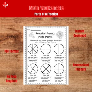 Pizza Fractions Activity for Grades 1–3 | Instant Download Math Worksheet | Visual Fractions Learning | Halves, Thirds, Fourths, Eighths