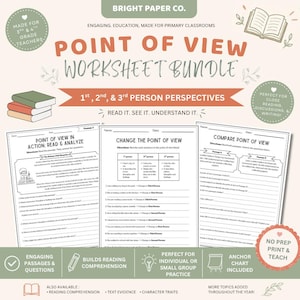 May include: A Point of View Worksheet Bundle for 3rd and 4th grade teachers by Bright Paper Co. The educational resource includes three printable worksheets focusing on 1st, 2nd, and 3rd person perspectives, reading comprehension passages, and analysis questions.