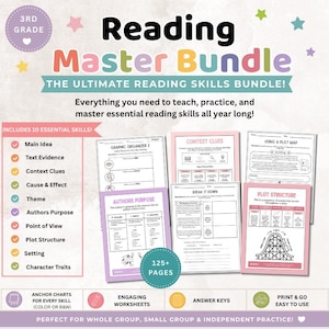 May include: A Reading Master Bundle for 3rd grade featuring 125+ pages of educational materials. Includes worksheets for main idea, text evidence, context clues, cause and effect, theme, author's purpose, point of view, plot structure, setting, and character traits.
