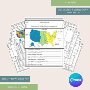 Arbetsblad i USA:s geografi för årskurs 2-3 | Kartfärdigheter, väderstrecken, regioner och huvudstäder | Utskrivbar PDF