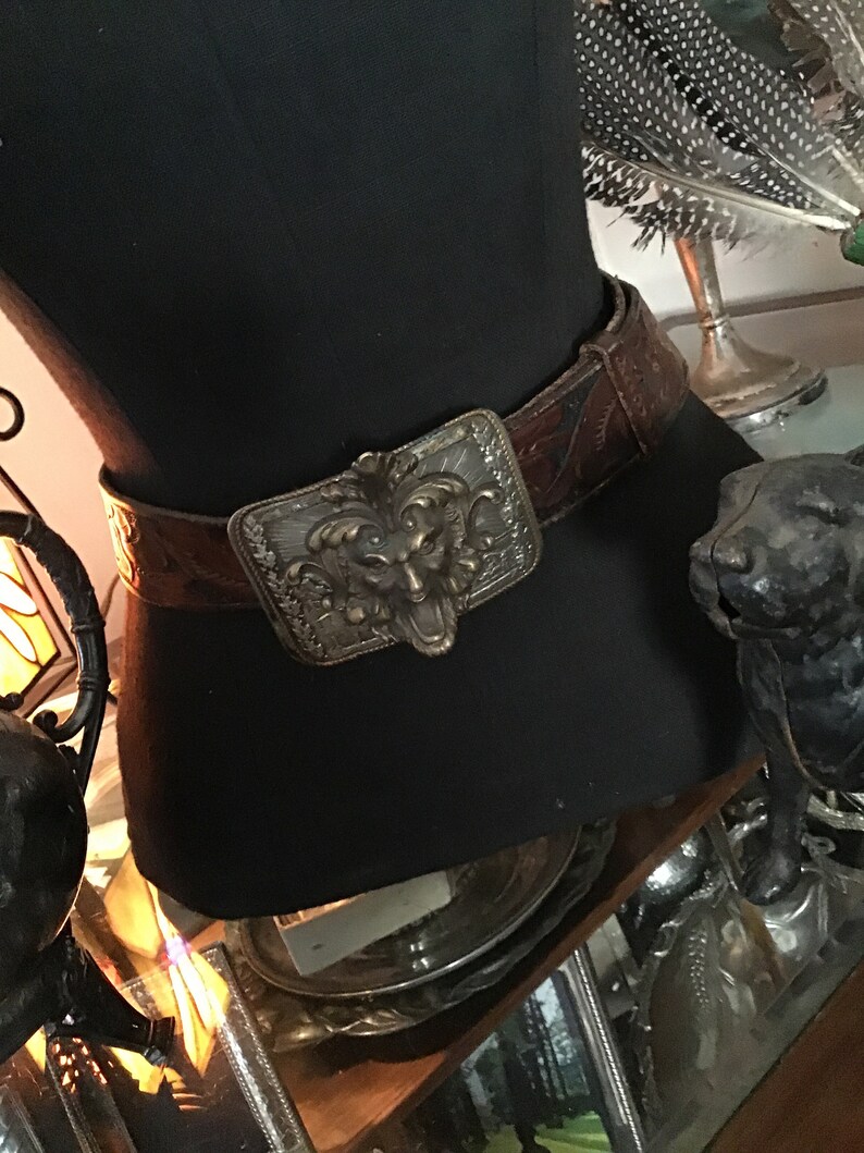 Antique Ormolu Neoclassical Repurposed Leather Belt Dore Bacchus Style