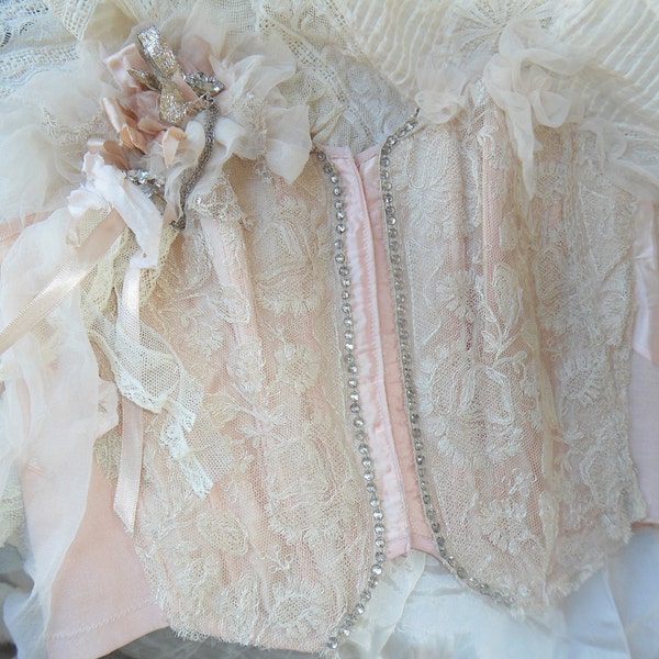 RESERVED for Ronwyn Vintage Peachy Pink Satin Corset Handsewn upcycled Bustier 32B