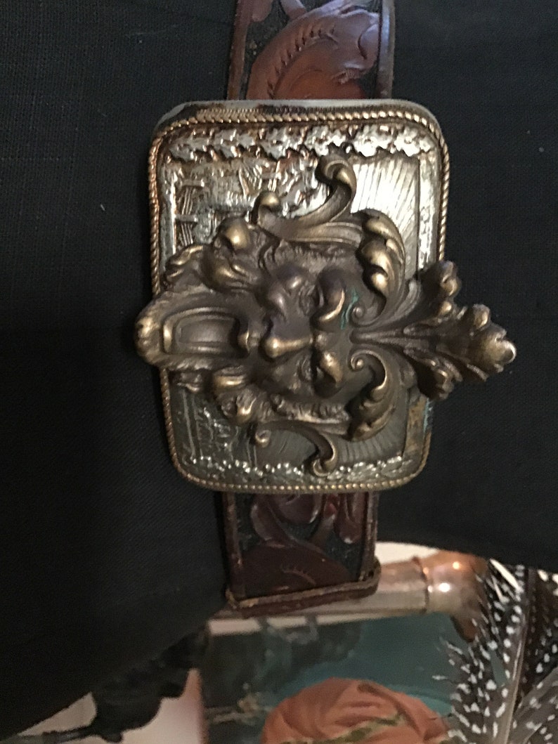 Antique Ormolu Neoclassical Repurposed Leather Belt Dore Bacchus Style