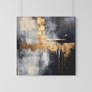May include: Abstract painting with a gold, brown, and gray color scheme. The painting has a textured look and features drips of paint.