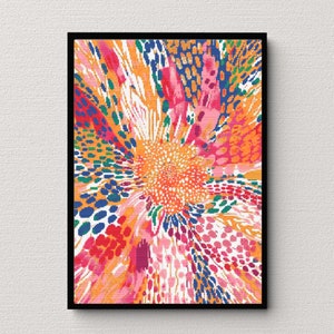 Puede incluir: Impresión de arte abstracto con un diseño colorido y en espiral en tonos rosa, naranja, amarillo, azul y verde. El diseño se asemeja a una flor o una explosión de energía.