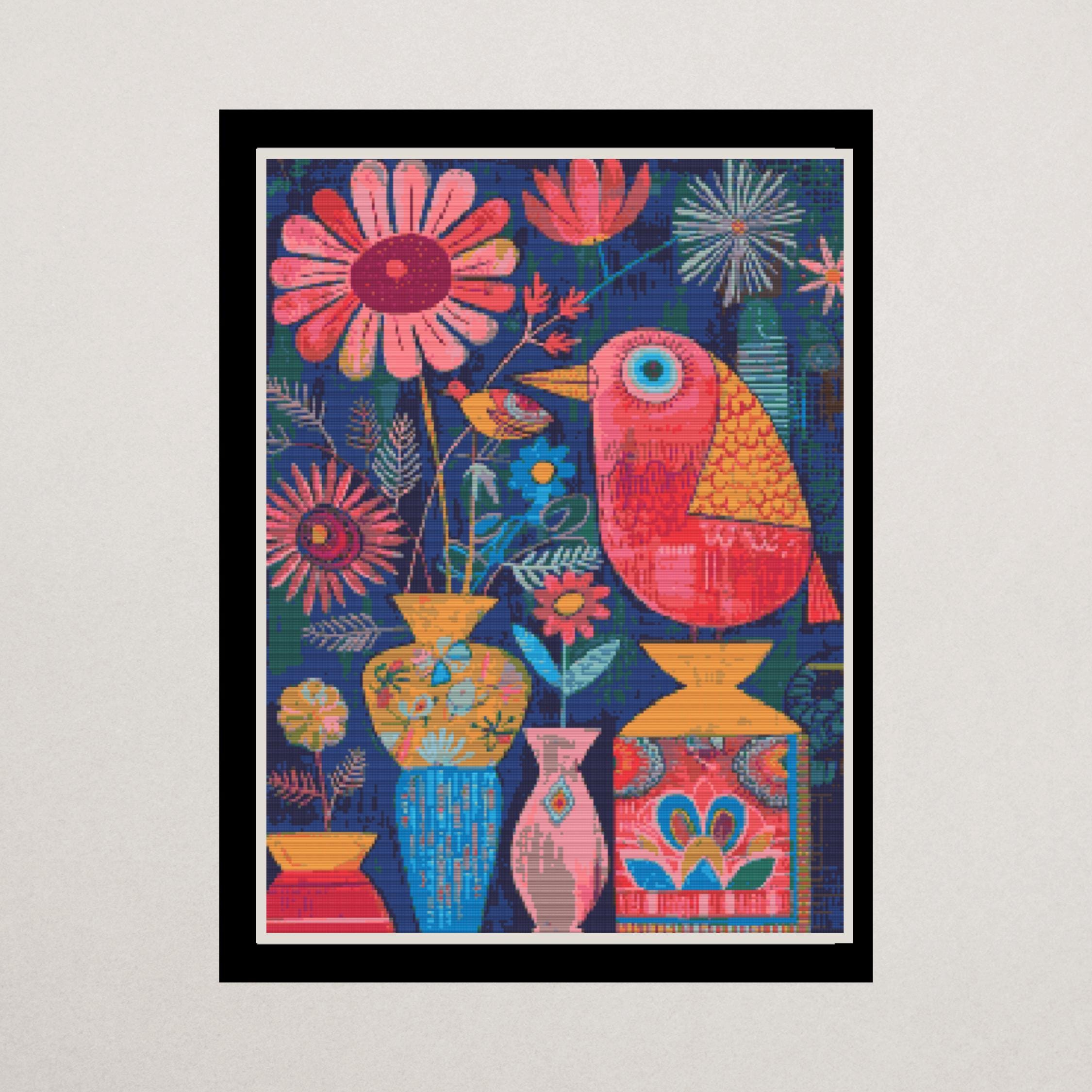 Vibrant Floral and Bird Cross Stitch Pattern | Modern Botanical Embroidery | Cross Stich Pattern| Floral Pattern | Instant Download PDF |
