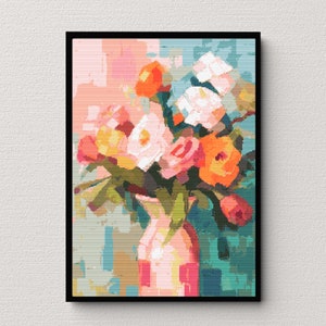 May include: A colourful bouquet of flowers in a pink and white vase. The flowers are pink, white, orange, and yellow. The background is a blue and green abstract pattern.